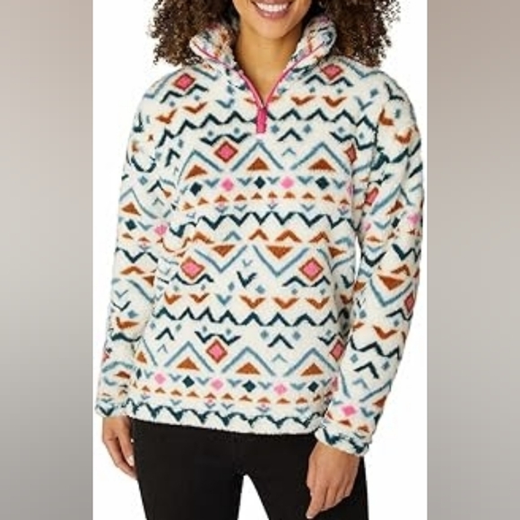 Eddie Bauer Tops - Eddie Bauer Pink Blue Aztec Tribal Sherpa Teddy 1/4 Zip Jacket Sweater X-Large